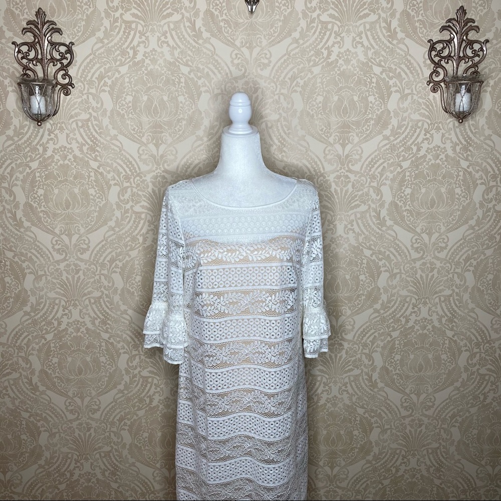 Eliza J illusion lace ruffle tier sleeve midi